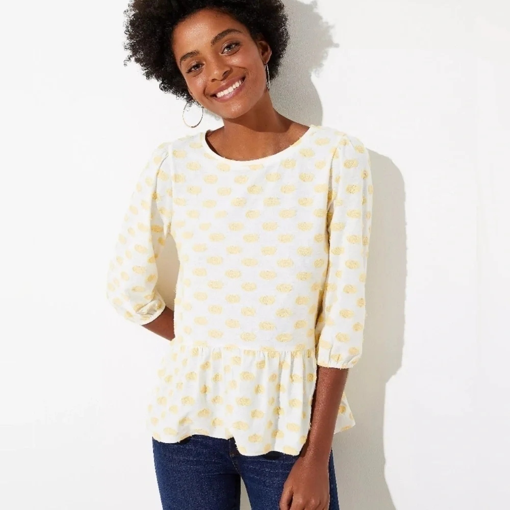 LOFT Yellow Dot Peplum Top - Size Small - NWT - Polka Dot / Spring